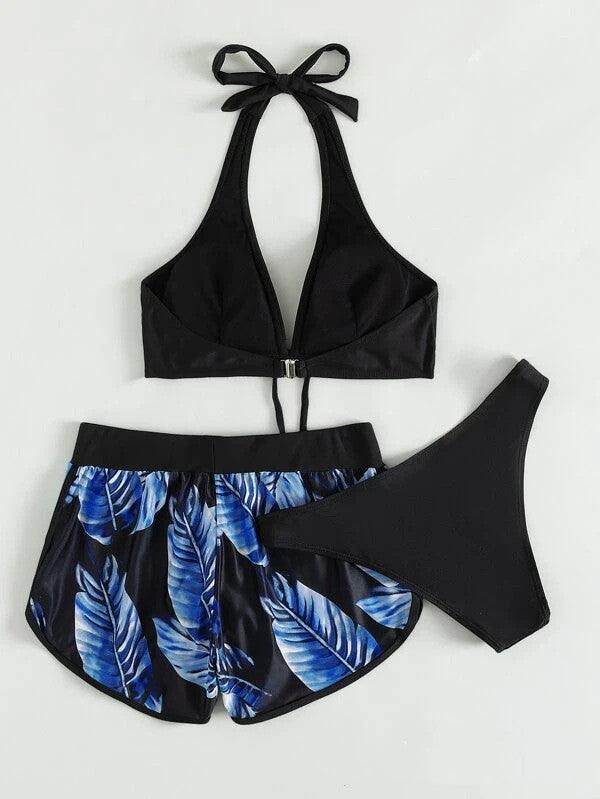 Exclusive 3pcs Leaf Print Bikini With Shorts Fashion Summer Beach Swimsuit Womens Clothing — Blue — Size L — Alternate View 10