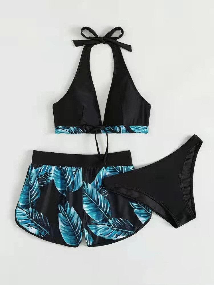 Exclusive 3pcs Leaf Print Bikini With Shorts Fashion Summer Beach Swimsuit Womens Clothing — Blue — Size L — Detail View