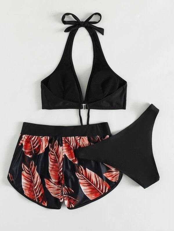 Exclusive 3pcs Leaf Print Bikini With Shorts Fashion Summer Beach Swimsuit Womens Clothing — Blue — Size L — Lifestyle View