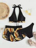 Exclusive 3pcs Leaf Print Bikini With Shorts Fashion Summer Beach Swimsuit Womens Clothing — Blue — Size L — Top View