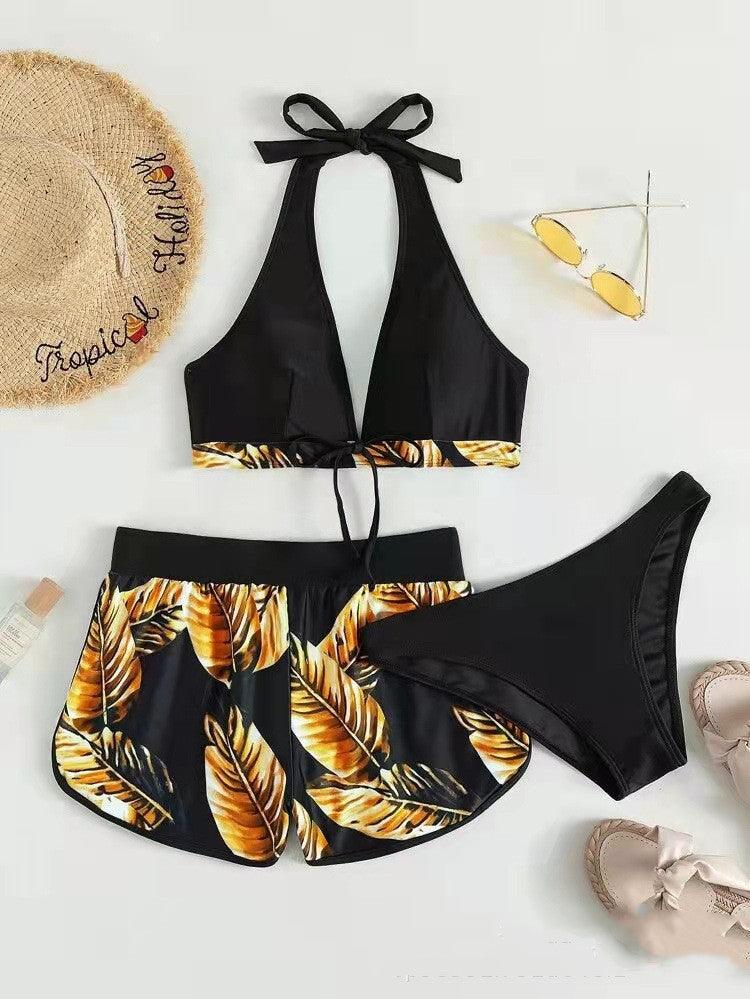 Exclusive 3pcs Leaf Print Bikini With Shorts Fashion Summer Beach Swimsuit Womens Clothing — Blue — Size L — Top View