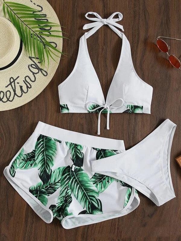 Exclusive 3pcs Leaf Print Bikini With Shorts Fashion Summer Beach Swimsuit Womens Clothing — Blue — Size L — Alternate View 11