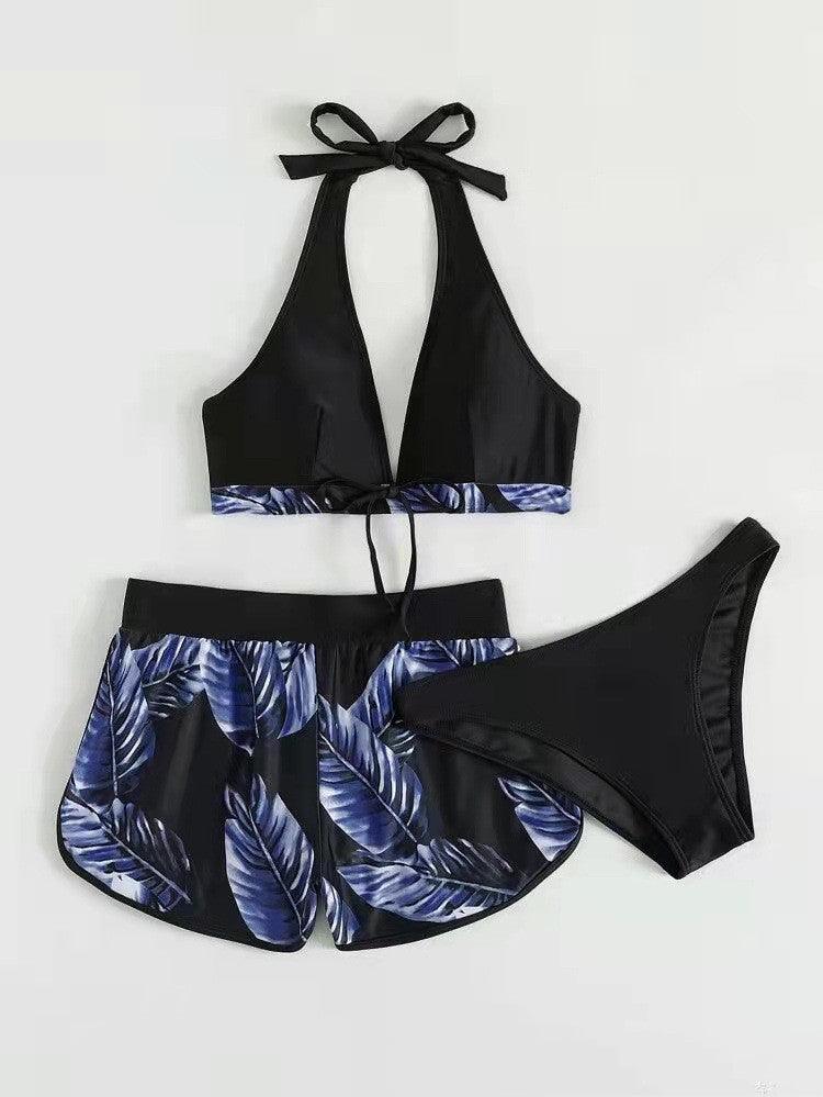 Exclusive 3pcs Leaf Print Bikini With Shorts Fashion Summer Beach Swimsuit Womens Clothing — Blue — Size L — Back View