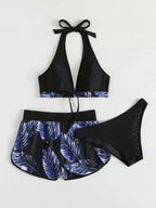 Exclusive 3pcs Leaf Print Bikini With Shorts Fashion Summer Beach Swimsuit Womens Clothing — Blue — Size L — Back View