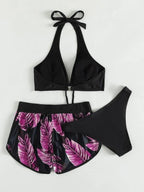 Exclusive 3pcs Leaf Print Bikini With Shorts Fashion Summer Beach Swimsuit Womens Clothing — Blue — Size L — Alternate View 9