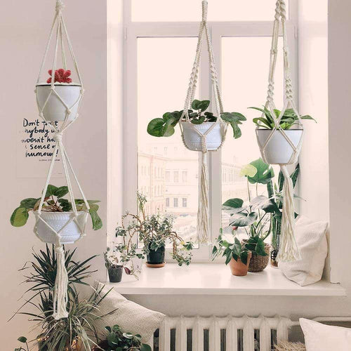Exclusive 4 Pack - Macrame Hanging Baskets — 4 net pockets — Front View