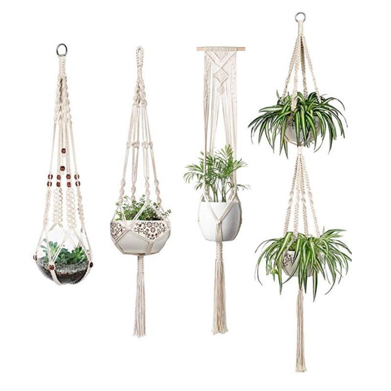Exclusive 4 Pack - Macrame Hanging Baskets — 4 net pockets — Side View