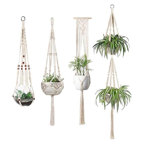 Exclusive 4 Pack - Macrame Hanging Baskets — 4 net pockets — Side View