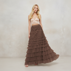 Exclusive Women's Layered Ruffle Mesh Maxi Skirt ? A-Line Tiered Cake Skirt for Party & Summer ? Khaki ? Size S ? Alternate View 13