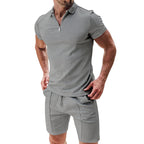 Exclusive Men's 2-Piece Waffle Zipper Lapel Top & Drawstring Shorts Set ? Summer Casual Suit ? White ? Size M ? Alternate View 8