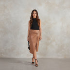 Exclusive Women's Faux Leather Midi Skirt ? High-Slit Hip-Hugging Zip Skirt ? Black ? Size S ? Side View