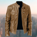 Exclusive Men's PU Leather Jacket ? Zip-Up Cardigan Style with Patch Pockets ? Khaki ? Size S ? Front View