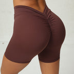 Exclusive Deep V Back Ruched Yoga Shorts for Women ? Tight Fitness Athletic Shorts ? Dark Purple ? Size XS ? Front View
