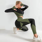 Exclusive Women's 3-Piece Seamless Yoga Set ? Leggings, Crop Top & Sports Bra Gym Tracksuit ? Army green ? Size S ? Side View