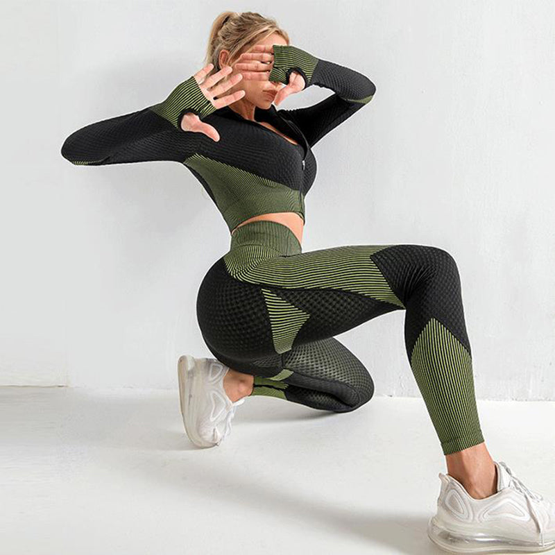 Exclusive Women's 3-Piece Seamless Yoga Set ? Leggings, Crop Top & Sports Bra Gym Tracksuit ? Army green ? Size S ? Side View