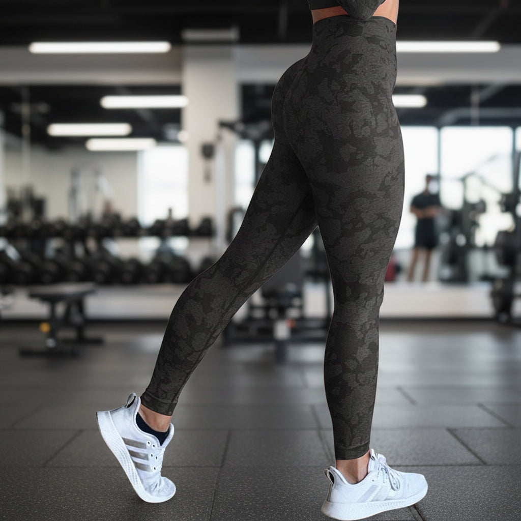 Exclusive Push Up Booty Leggings for Women ? Printed Gym Tights for Yoga & Workout ? Black and gray camo ? Size S ? Detail View