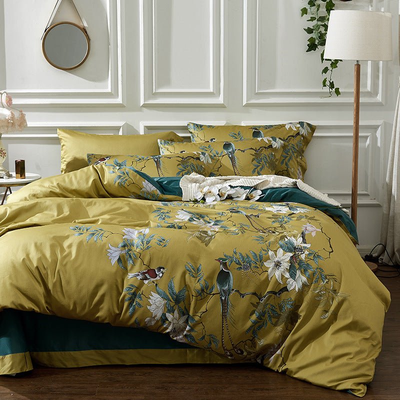 Exclusive 60 long-staple cotton printing four-piece suit — Yellow — Size 220X240cm — Front View