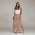 Exclusive Women's Layered Ruffle Mesh Maxi Skirt ? A-Line Tiered Cake Skirt for Party & Summer ? Khaki ? Size S ? Front View