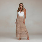 Exclusive Women's Layered Ruffle Mesh Maxi Skirt ? A-Line Tiered Cake Skirt for Party & Summer ? Khaki ? Size S ? Front View
