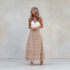 Exclusive Women's Layered Ruffle Mesh Maxi Skirt ? A-Line Tiered Cake Skirt for Party & Summer ? Khaki ? Size S ? Alternate View 16