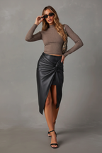 Exclusive Women's Faux Leather Midi Skirt ? High-Slit Hip-Hugging Zip Skirt ? Black ? Size S ? Lifestyle View
