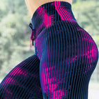 Exclusive Women's Abstract Print High Waist Leggings ? Yoga Fitness Pants ? Beige abstract lines ? Size M ? Front View