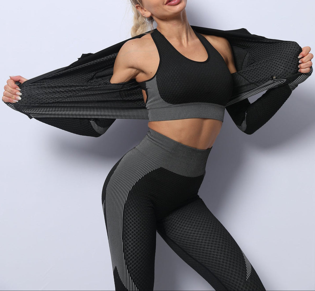 Exclusive Women's 3-Piece Seamless Yoga Set ? Leggings, Crop Top & Sports Bra Gym Tracksuit ? Army green ? Size S ? Alternate View 14