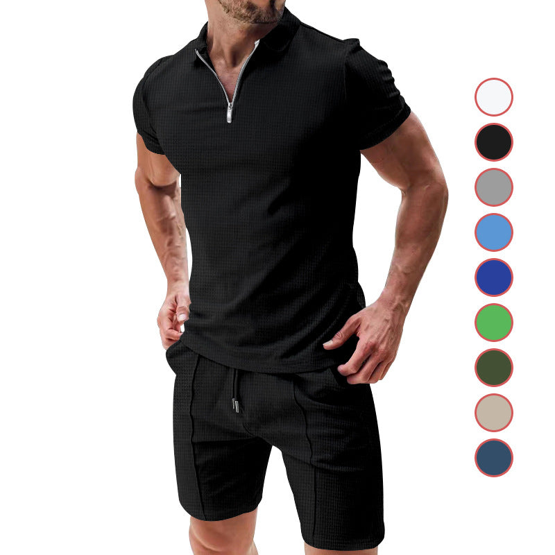 Exclusive Men's 2-Piece Waffle Zipper Lapel Top & Drawstring Shorts Set ? Summer Casual Suit ? White ? Size M ? Alternate View 10