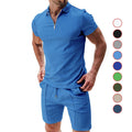 Exclusive Men's 2-Piece Waffle Zipper Lapel Top & Drawstring Shorts Set ? Summer Casual Suit ? White ? Size M ? Front View