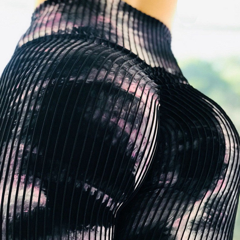 Exclusive Women's Abstract Print High Waist Leggings ? Yoga Fitness Pants ? Beige abstract lines ? Size M ? Top View