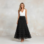 Exclusive Women's Layered Ruffle Mesh Maxi Skirt ? A-Line Tiered Cake Skirt for Party & Summer ? Khaki ? Size S ? Top View
