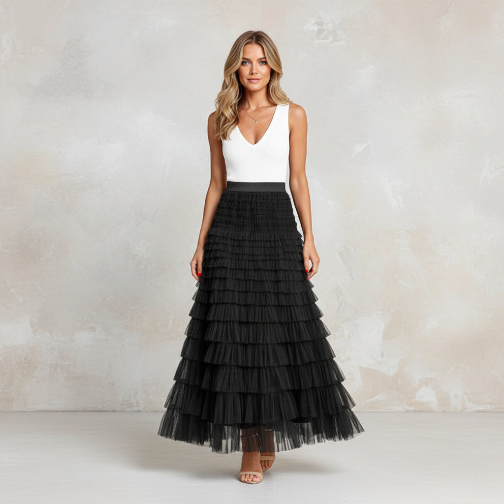 Exclusive Women's Layered Ruffle Mesh Maxi Skirt ? A-Line Tiered Cake Skirt for Party & Summer ? Khaki ? Size S ? Top View