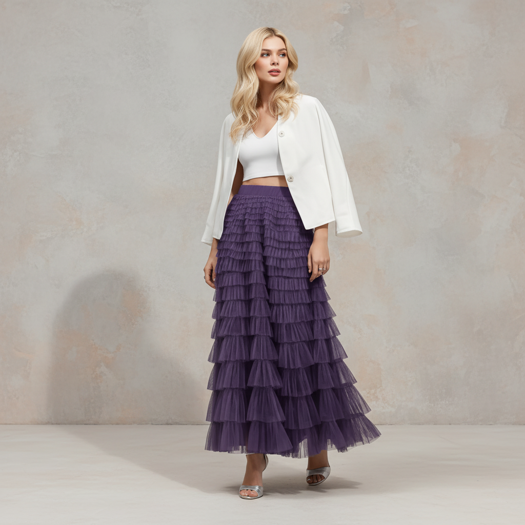 Exclusive Women's Layered Ruffle Mesh Maxi Skirt ? A-Line Tiered Cake Skirt for Party & Summer ? Khaki ? Size S ? Alternate View 10