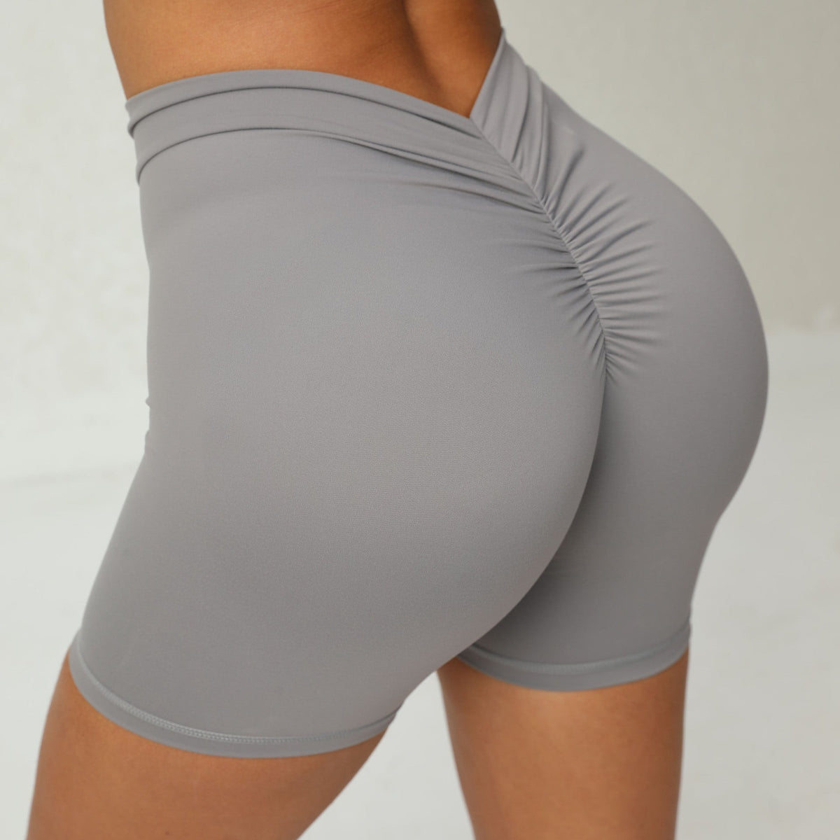 Exclusive Deep V Back Ruched Yoga Shorts for Women ? Tight Fitness Athletic Shorts ? Dark Purple ? Size XS ? Detail View