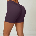 Exclusive Deep V Back Ruched Yoga Shorts for Women ? Tight Fitness Athletic Shorts ? Dark Purple ? Size XS ? Lifestyle View