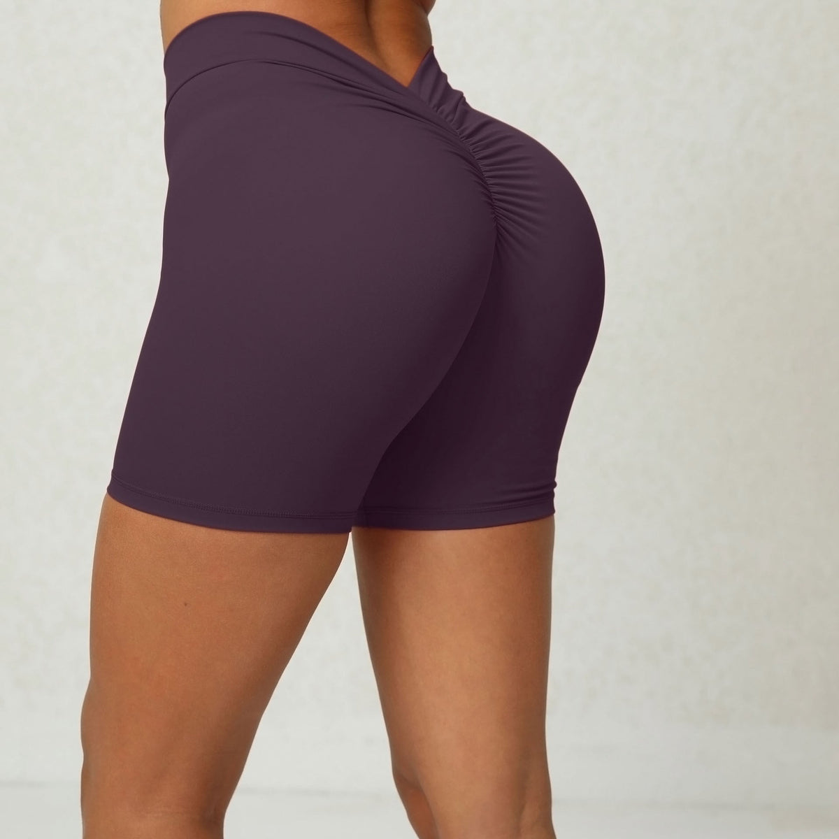 Exclusive Deep V Back Ruched Yoga Shorts for Women ? Tight Fitness Athletic Shorts ? Dark Purple ? Size XS ? Lifestyle View