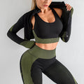 Exclusive Women's 3-Piece Seamless Yoga Set ? Leggings, Crop Top & Sports Bra Gym Tracksuit ? Army green ? Size S ? Front View
