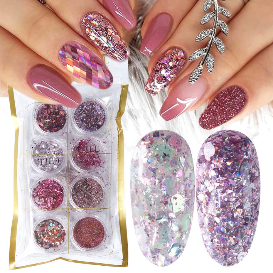 Exclusive 8 Box Mix Glitter Nail Art Powder Flakes Set — 10color — Front View