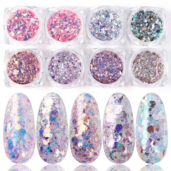 Exclusive 8 Box Mix Glitter Nail Art Powder Flakes Set — 10color — Back View