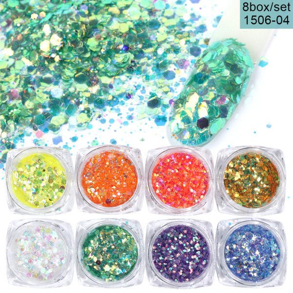Exclusive 8 Box Mix Glitter Nail Art Powder Flakes Set — 10color — Detail View