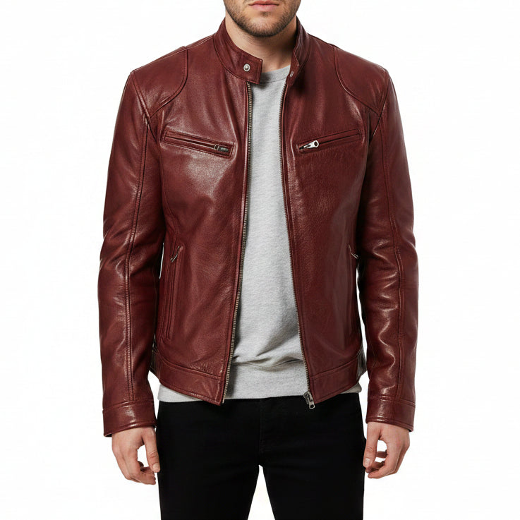 Exclusive Men's PU Leather Jacket ? Zip-Up Cardigan Style with Patch Pockets ? Khaki ? Size S ? Alternate View 9