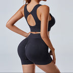Exclusive Women's 2-Piece Seamless Sports Bra & Shorts Set ? Yoga Gym Workout Tracksuit ? Black ? Size Bra and Short ? Width S ? Front View