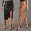 Exclusive Women's Faux Leather Midi Skirt ? High-Slit Hip-Hugging Zip Skirt ? Black ? Size S ? Front View