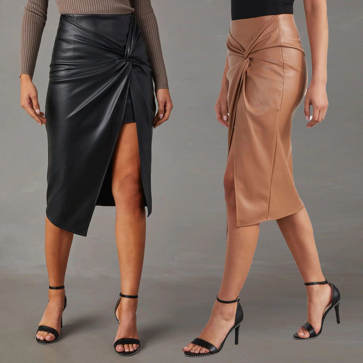 Exclusive Women's Faux Leather Midi Skirt ? High-Slit Hip-Hugging Zip Skirt ? Black ? Size S ? Front View