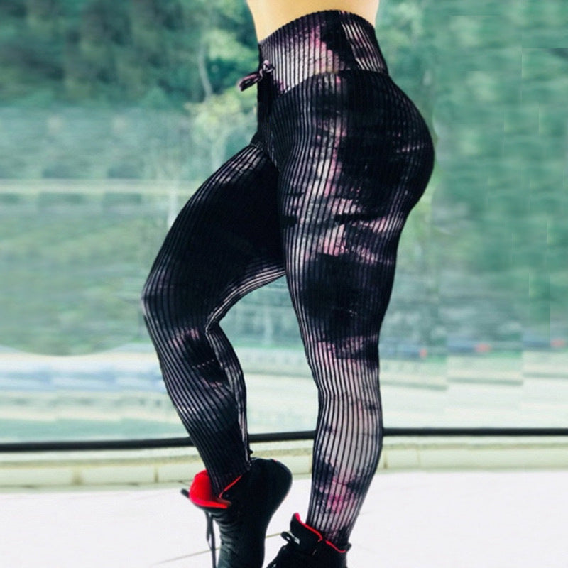 Exclusive Women's Abstract Print High Waist Leggings ? Yoga Fitness Pants ? Beige abstract lines ? Size M ? Back View