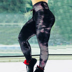 Exclusive Women's Abstract Print High Waist Leggings ? Yoga Fitness Pants ? Beige abstract lines ? Size M ? Back View