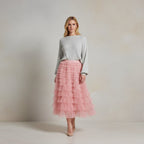 Exclusive Women's Layered Ruffle Mesh Maxi Skirt ? A-Line Tiered Cake Skirt for Party & Summer ? Khaki ? Size S ? Detail View