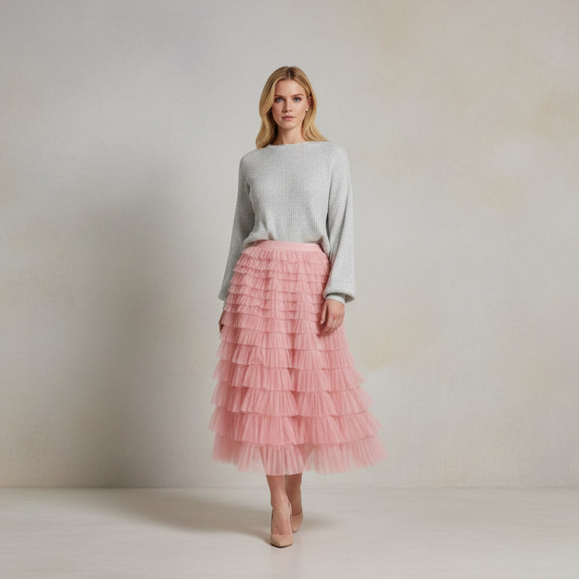 Exclusive Women's Layered Ruffle Mesh Maxi Skirt ? A-Line Tiered Cake Skirt for Party & Summer ? Khaki ? Size S ? Detail View