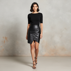 Exclusive Women's High-Waist Faux Leather Skirt ? Irregular Slit Bag-Hip Mini Skirt ? Black ? Size S ? Back View