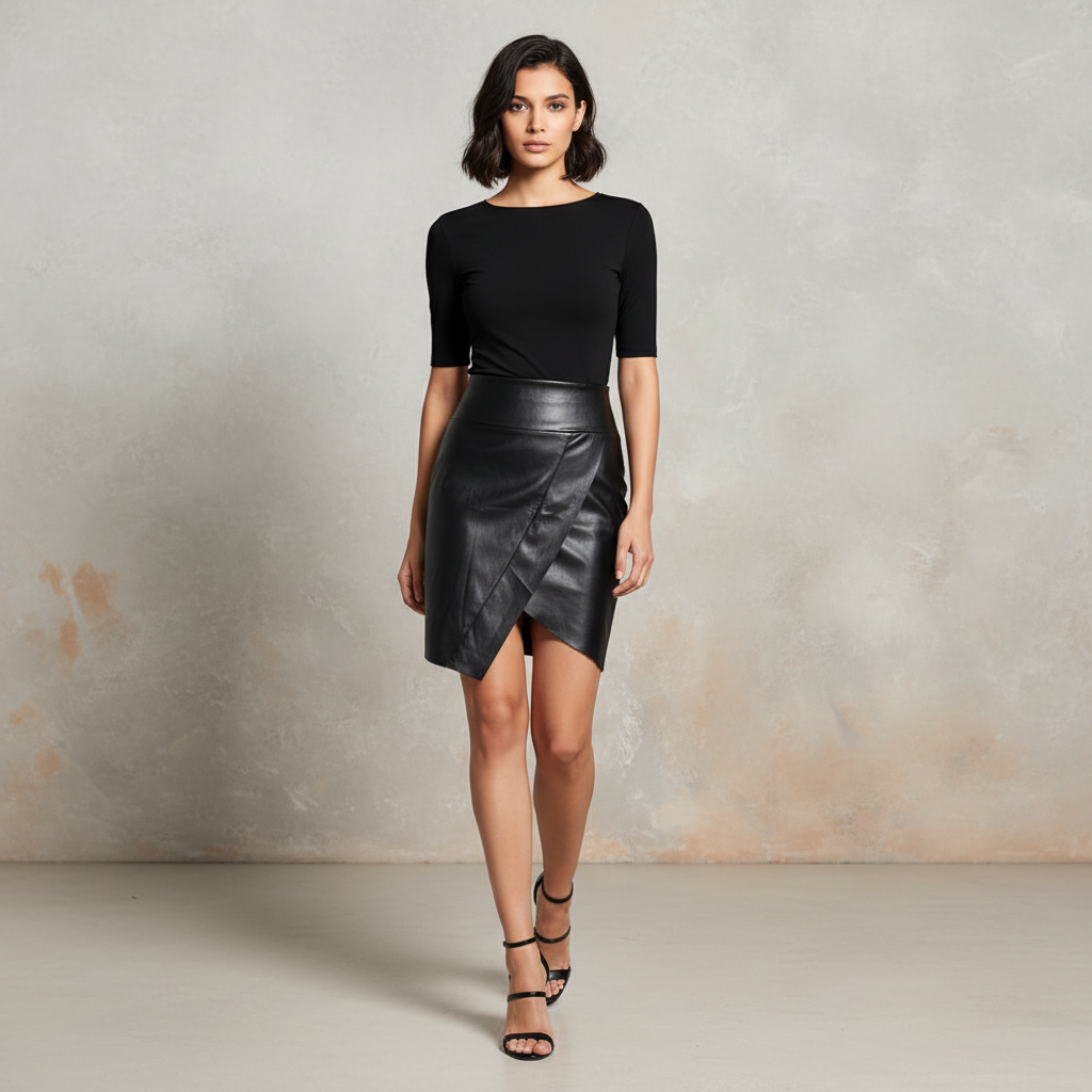 Exclusive Women's High-Waist Faux Leather Skirt ? Irregular Slit Bag-Hip Mini Skirt ? Black ? Size S ? Back View